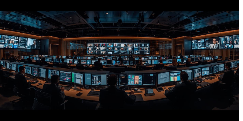 Panoramic media control room with operators monitoring screens — audience value across every stream