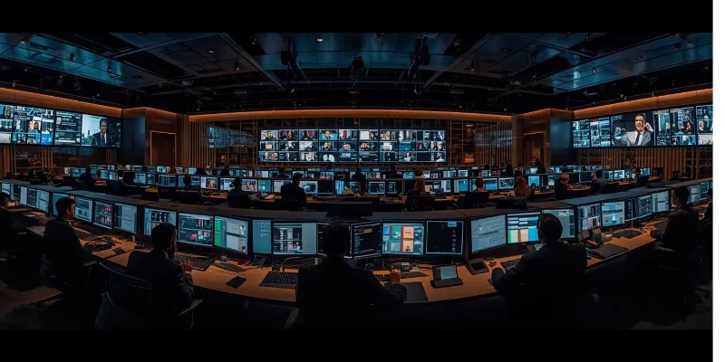 Panoramic media control room with operators monitoring screens — audience value across every stream