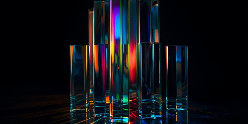 Colorful glass prism columns refracting light — multiple media revenue streams as a spectrum