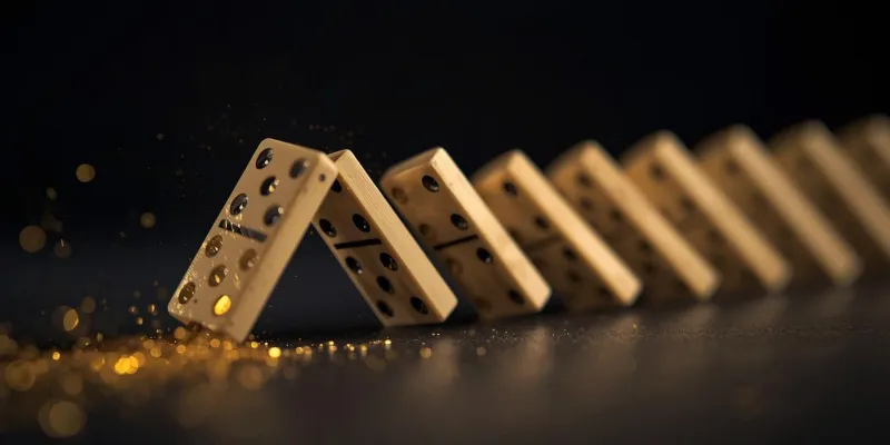Golden dominoes falling in sequence — the chain reaction of customer activation